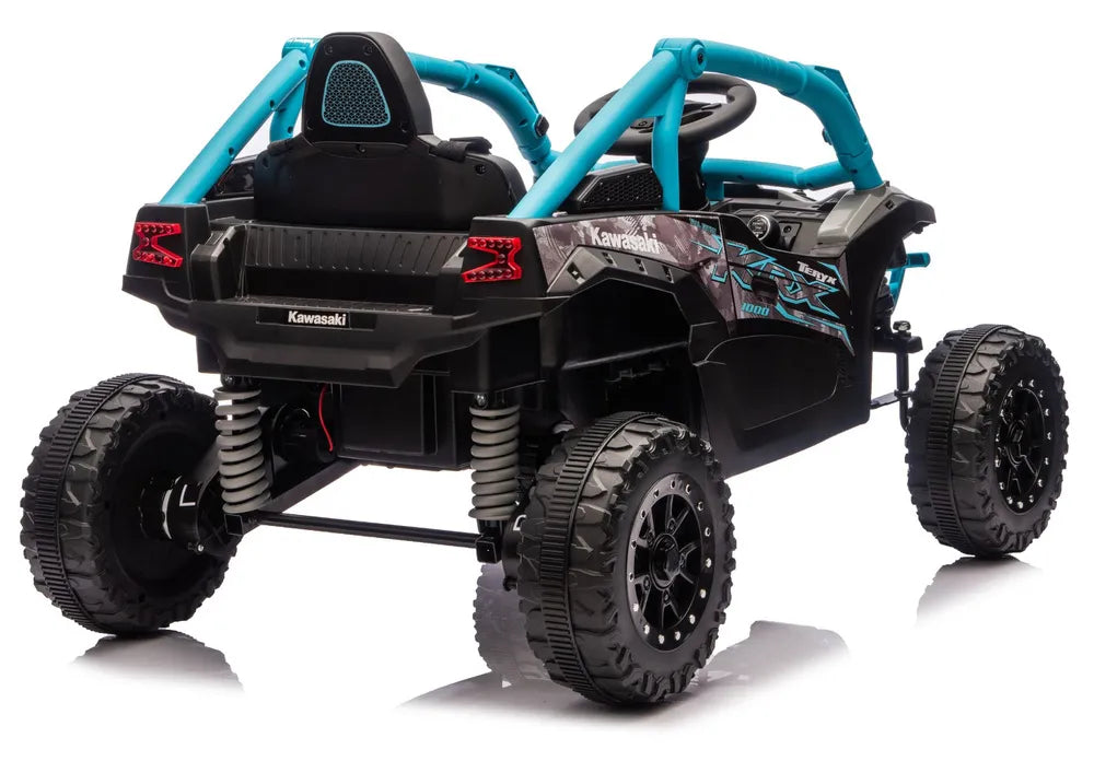 Vaikiškas elektromobilis Kawasaki Teryx KRX 1000, 24 V, su sėdynės diržais, juodas ir mėlynas