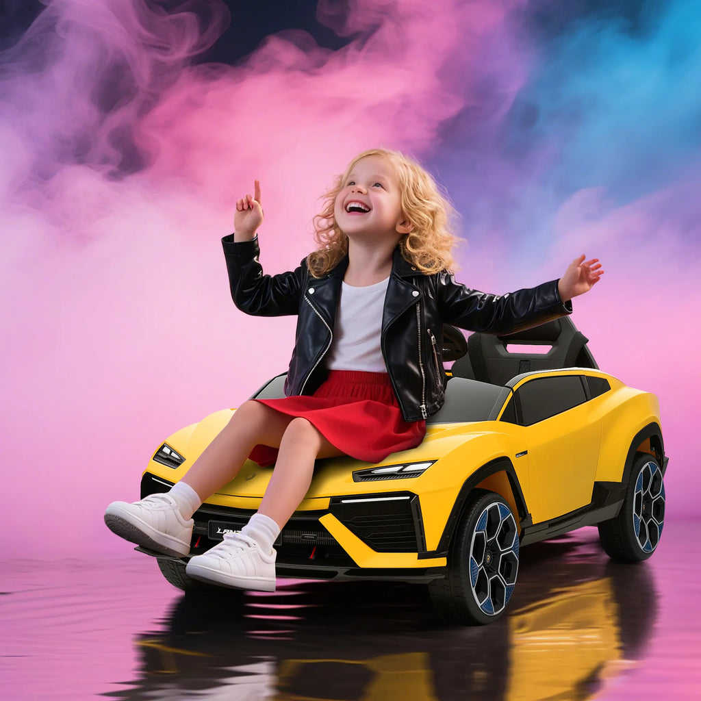 Vaikiškas elektromobilis Lamborghini 37-72 mėn. vaikams, geltonas  12V su 2,4 GHz nuotolinio valdymo pultu