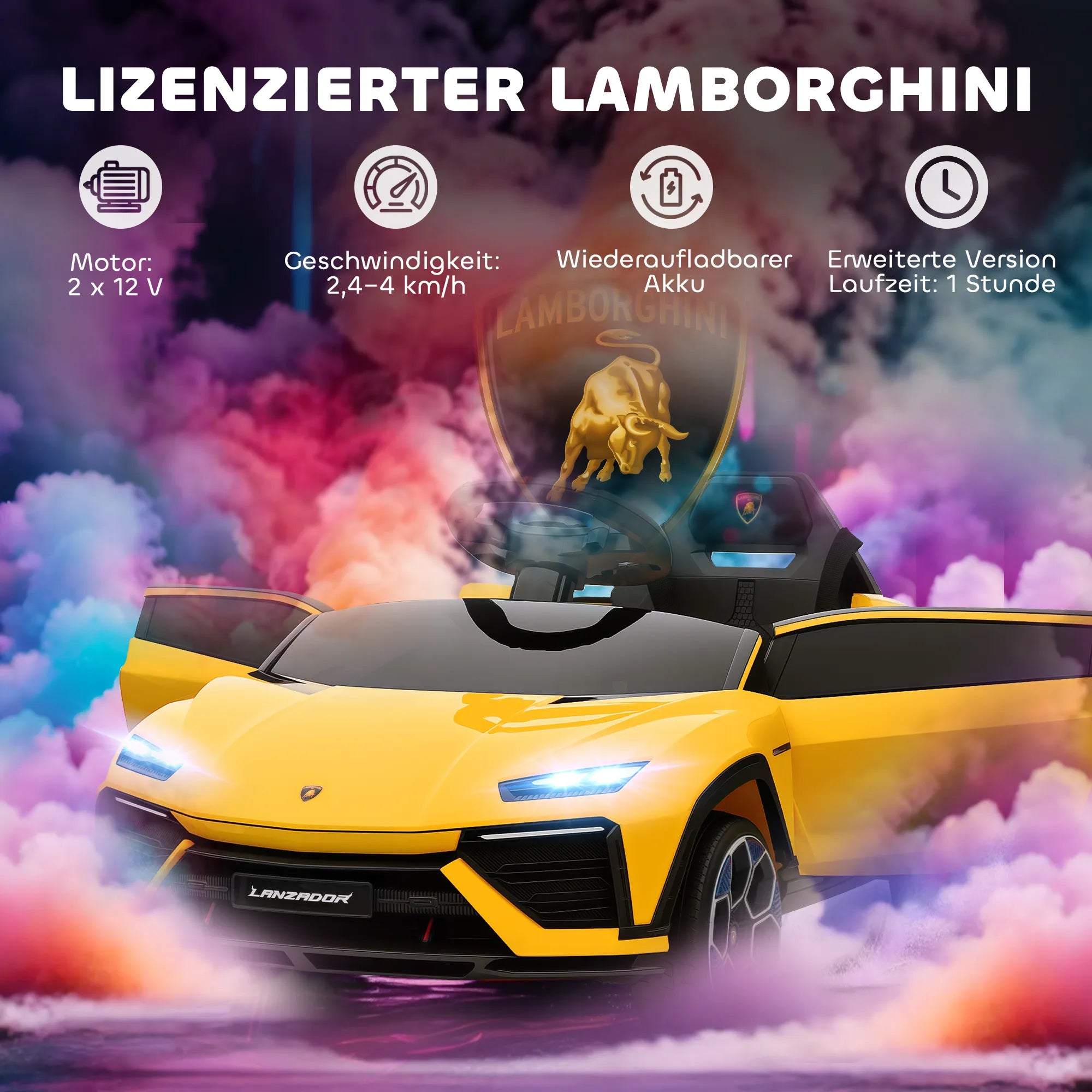 Vaikiškas elektromobilis Lamborghini 37-72 mėn. vaikams, geltonas  12V su 2,4 GHz nuotolinio valdymo pultu