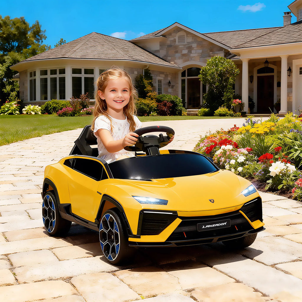Vaikiškas elektromobilis Lamborghini 37-72 mėn. vaikams, geltonas  12V su 2,4 GHz nuotolinio valdymo pultu