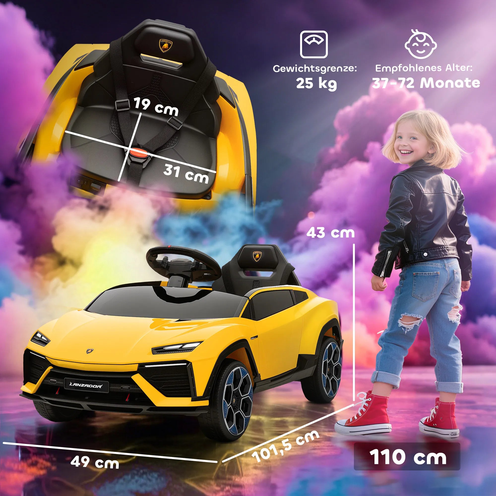 Vaikiškas elektromobilis Lamborghini 37-72 mėn. vaikams, geltonas  12V su 2,4 GHz nuotolinio valdymo pultu