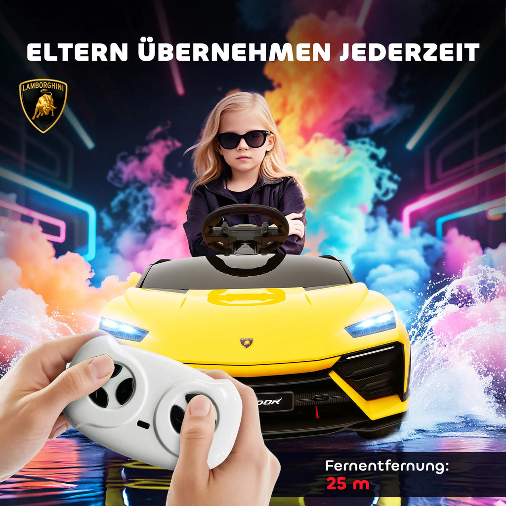 Vaikiškas elektromobilis Lamborghini 37-72 mėn. vaikams, geltonas  12V su 2,4 GHz nuotolinio valdymo pultu