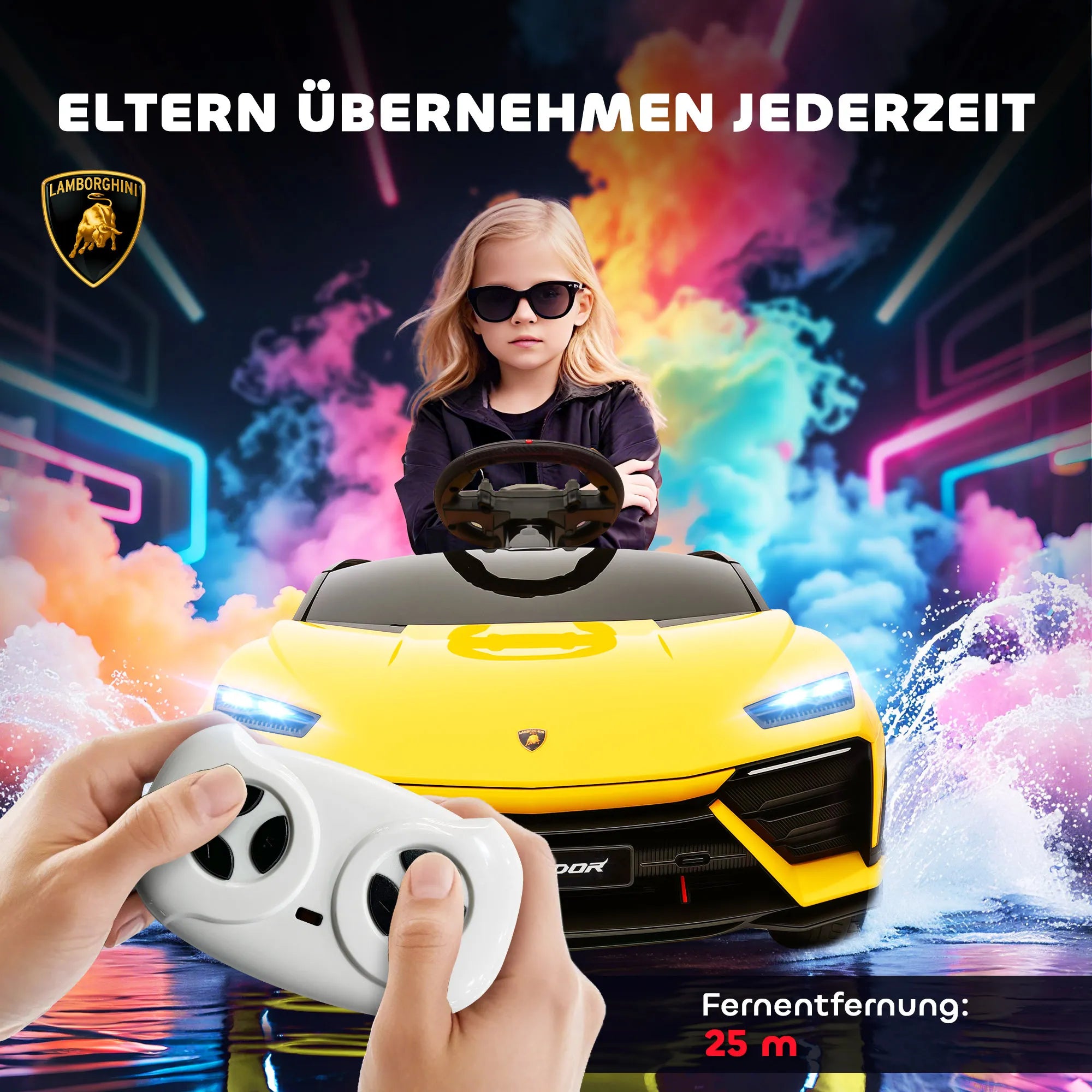 Vaikiškas elektromobilis Lamborghini 37-72 mėn. vaikams, geltonas  12V su 2,4 GHz nuotolinio valdymo pultu