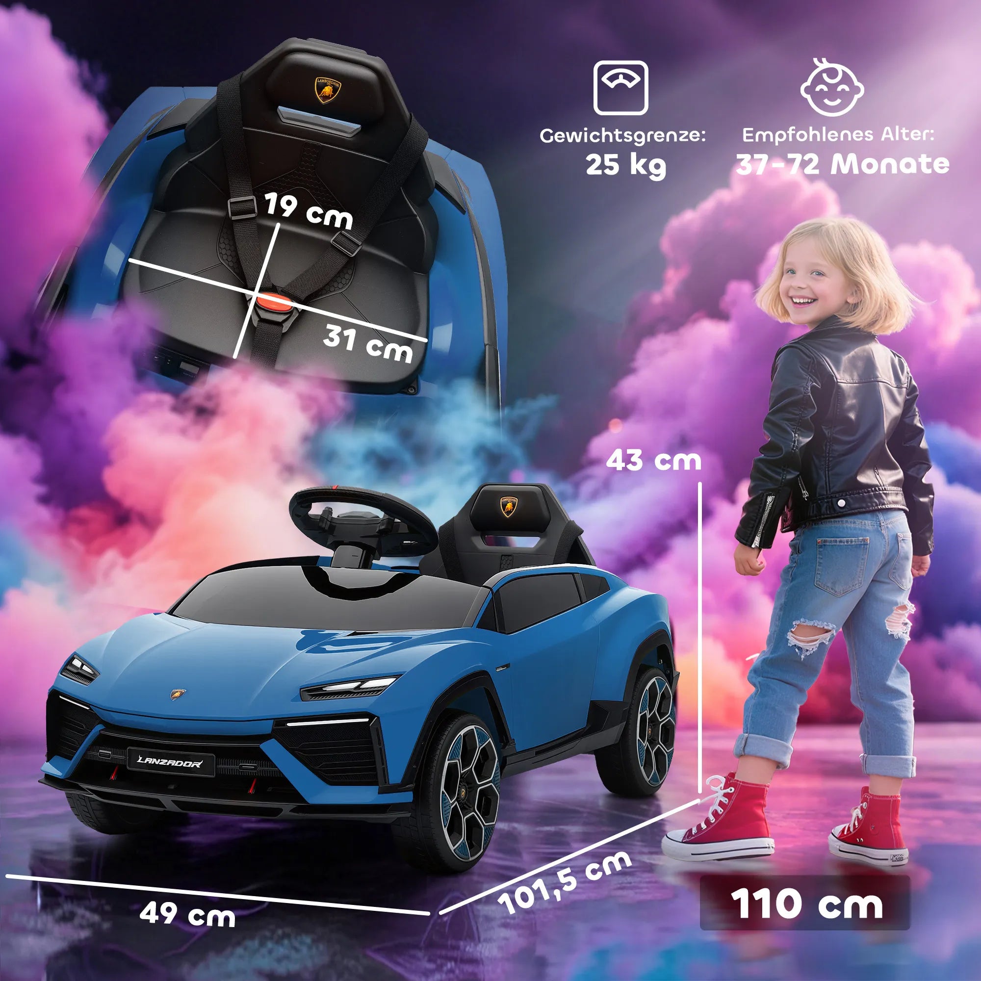 Vaikiškas elektromobilis Lamborghini 37–72 mėnesių vaikams, mėlynas su 2,4 GHz nuotolinio valdymo pultu