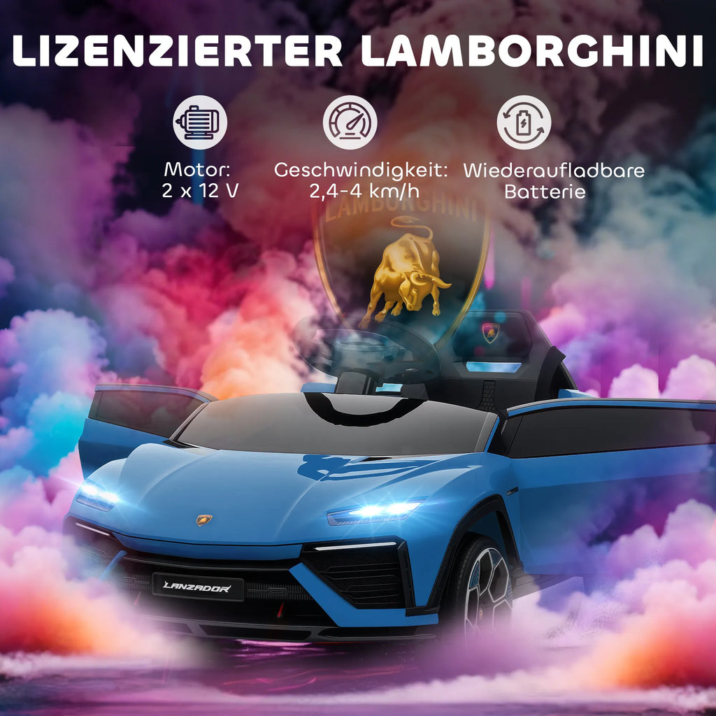 Vaikiškas elektromobilis Lamborghini 37–72 mėnesių vaikams, mėlynas su 2,4 GHz nuotolinio valdymo pultu