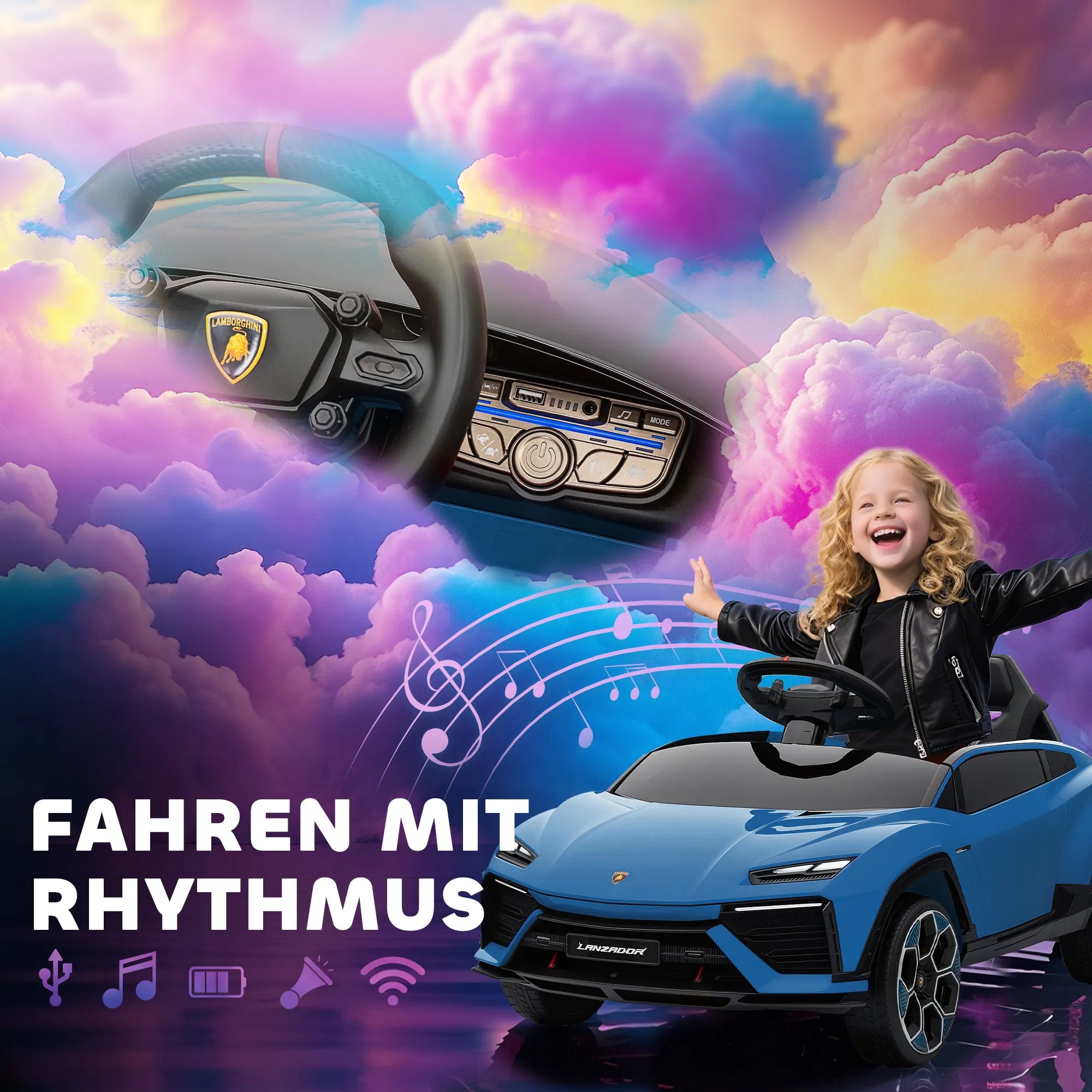 Vaikiškas elektromobilis Lamborghini 37–72 mėnesių vaikams, mėlynas su 2,4 GHz nuotolinio valdymo pultu