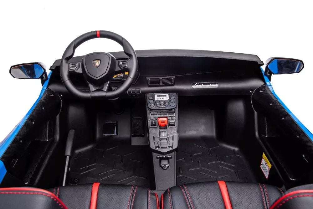Vaikiškas elektromobilis Lamborghini Aventador SV, 24 V, 200 W, su sėdynėmis iš ekoodos, mėlynas