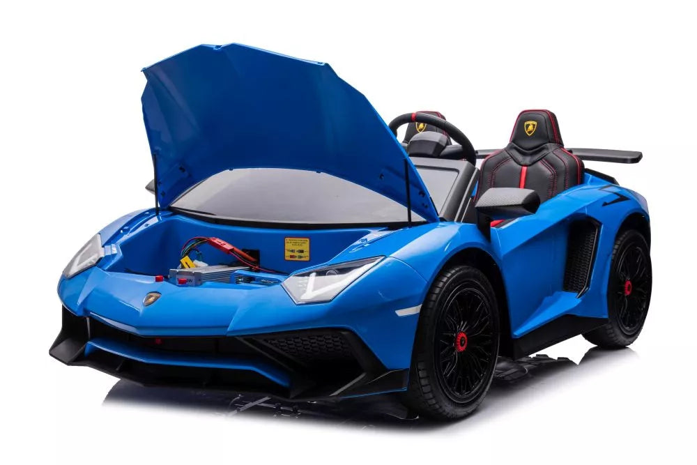 Vaikiškas elektromobilis Lamborghini Aventador SV, 24 V, 200 W, su sėdynėmis iš ekoodos, mėlynas