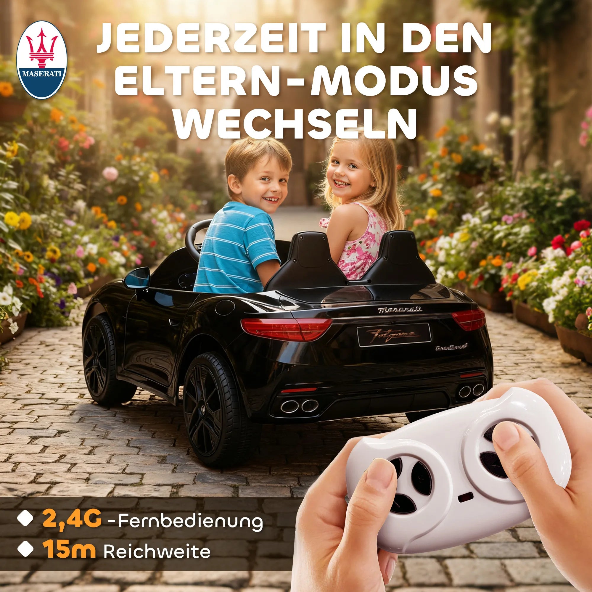 Vaikiškas elektromobilis Maserati, 2 vietų, 3–8 metų vaikams, juodas