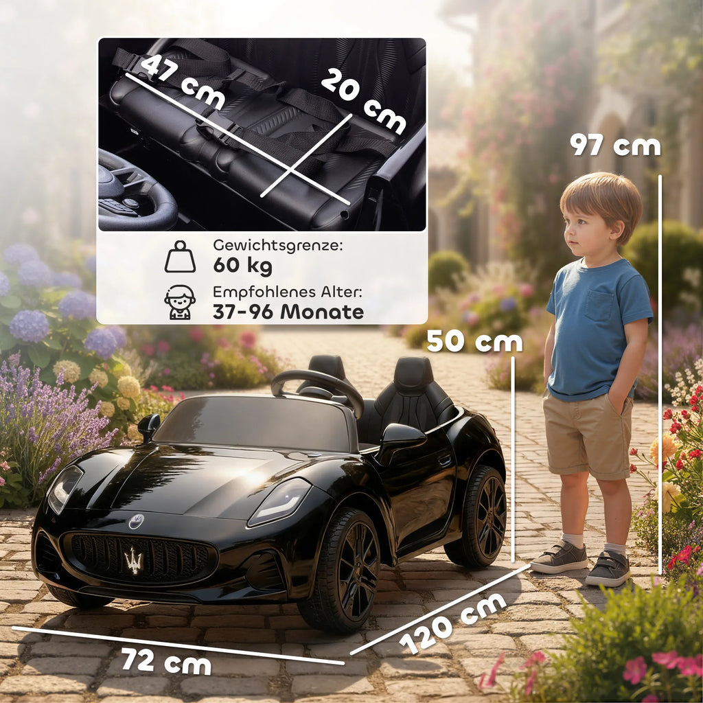 Vaikiškas elektromobilis Maserati, 2 vietų, 3–8 metų vaikams, juodas