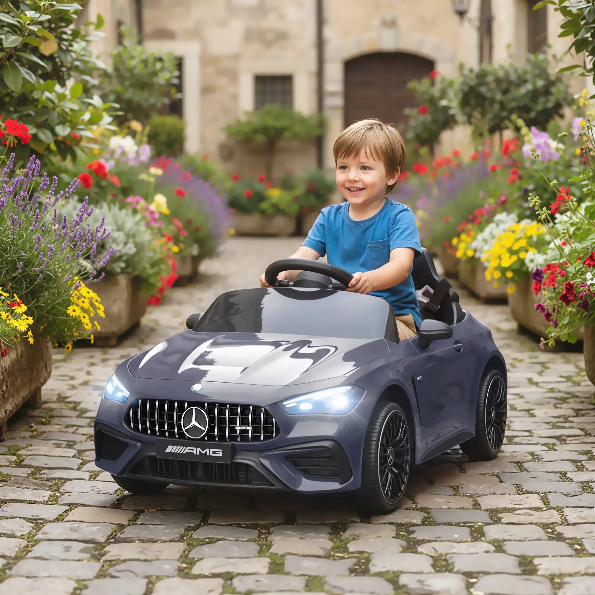 Vaikiškas elektromobilis Mercedes 3–6 metų vaikams, pilkos spalvos 12V