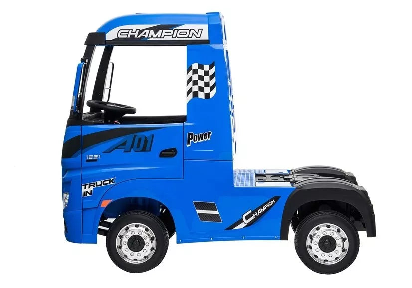 Vaikiškas elektromobilis Mercedes Actros, 2x12V7Ah, 4x45W, 3 greičiai, eko-odos sėdynė, mėlynas