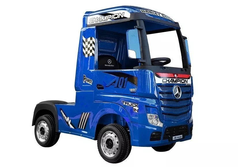 Vaikiškas elektromobilis Mercedes Actros, 2x12V7Ah, 4x45W, 3 greičiai, eko-odos sėdynė, mėlynas