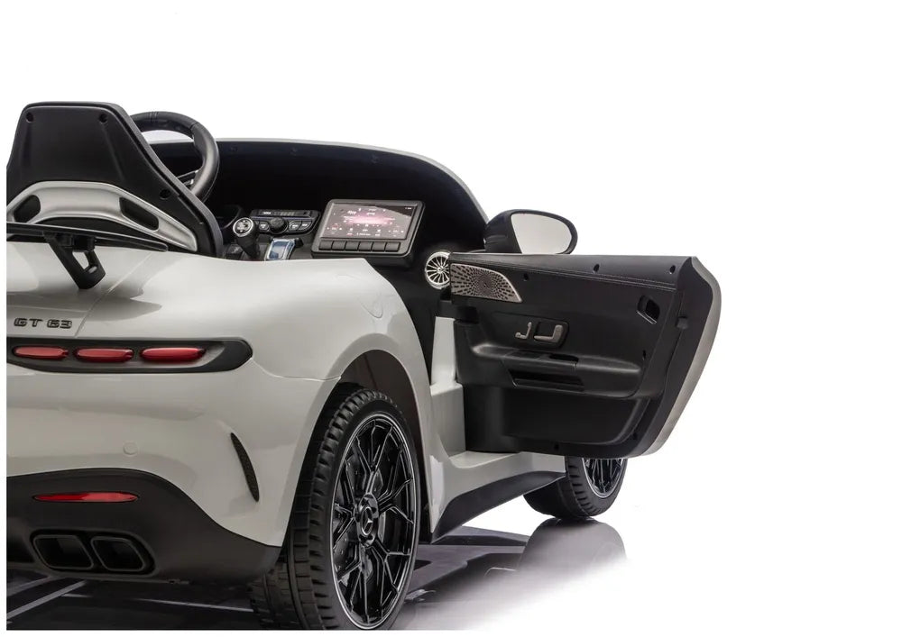 Vaikiškas elektromobilis Mercedes-AMG GT63, 24 V, 4x200W, su odine sėdyne ir EVA ratais, šviesiai pilkas