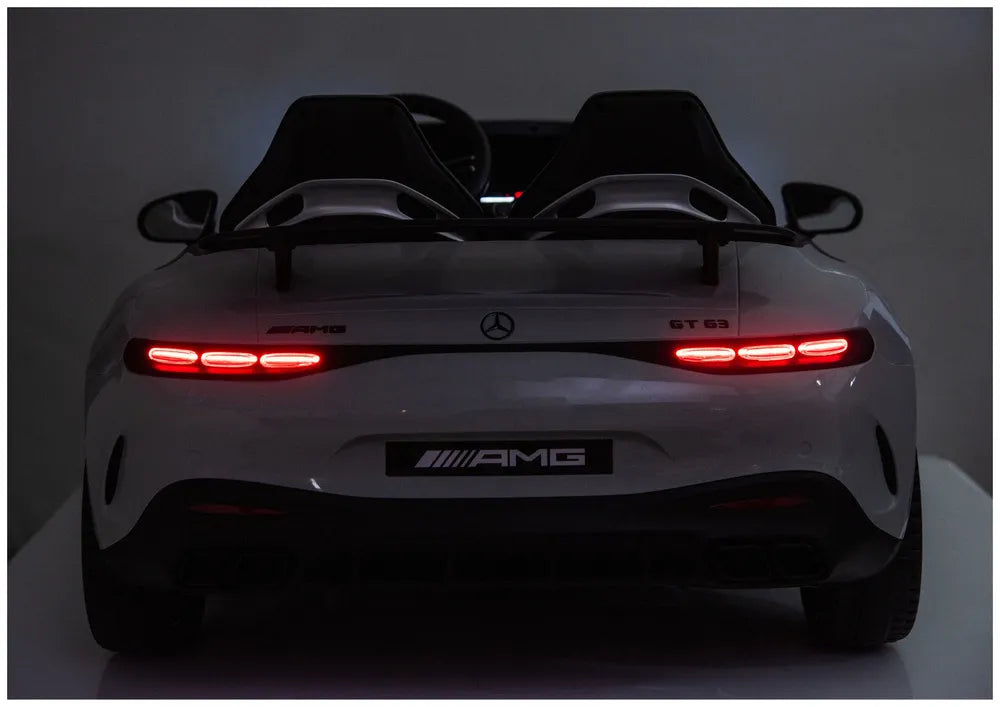 Vaikiškas elektromobilis Mercedes-AMG GT63, 24 V, 4x200W, su odine sėdyne ir EVA ratais, šviesiai pilkas