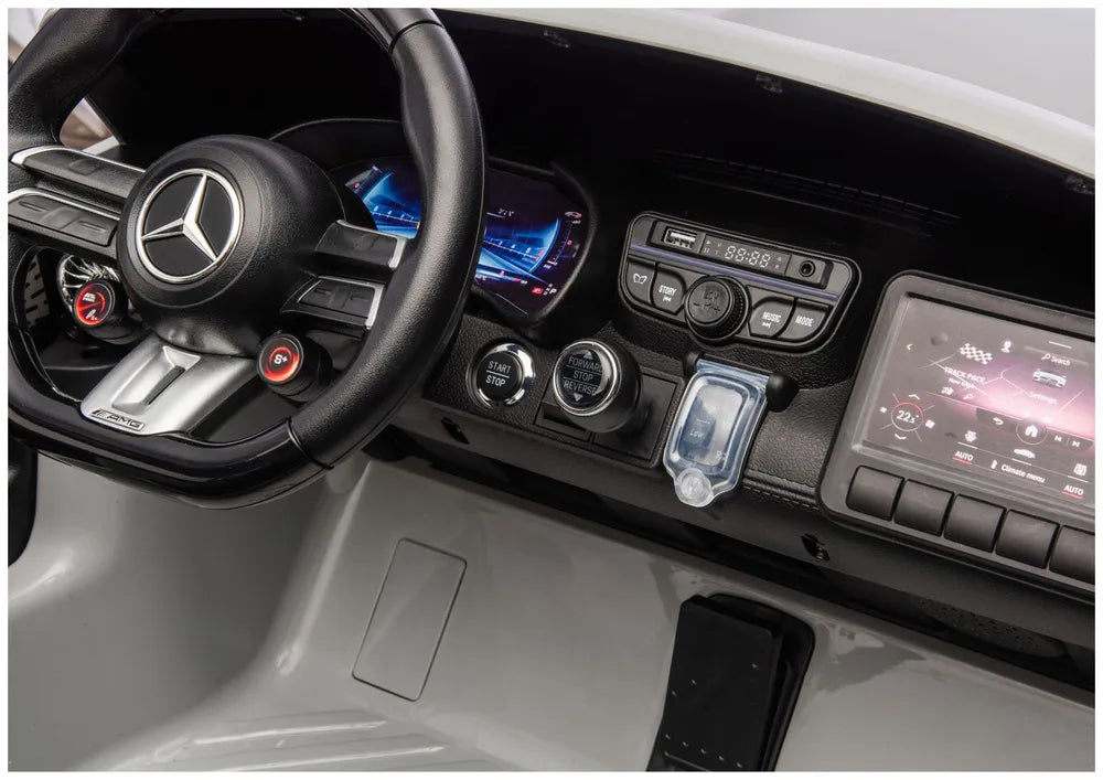 Vaikiškas elektromobilis Mercedes-AMG GT63, 24 V, 4x200W, su odine sėdyne ir EVA ratais, šviesiai pilkas