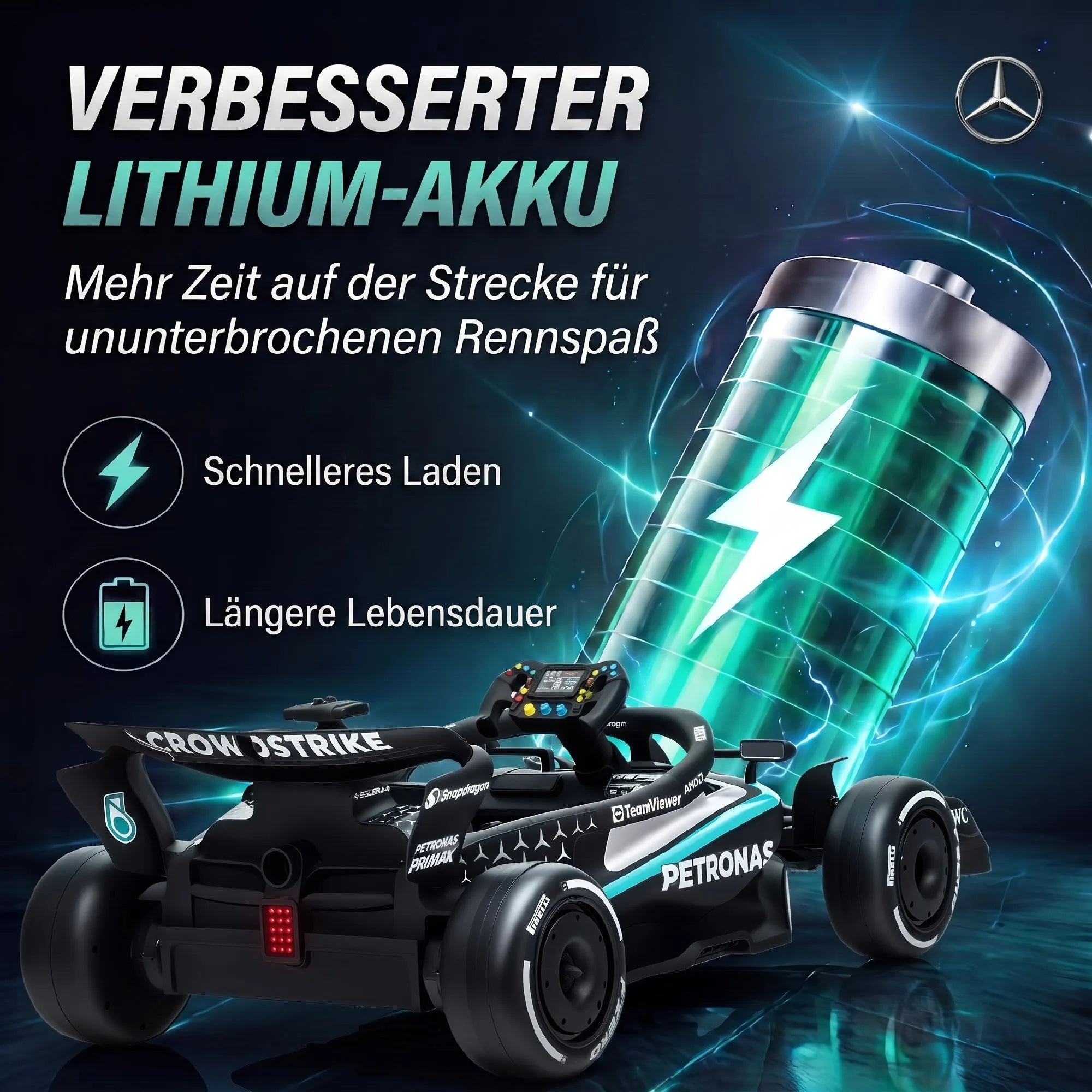 Vaikiškas elektromobilis Mercedes-AMG PETRONAS F1 Go-Kart, 12 V, su ličio baterija