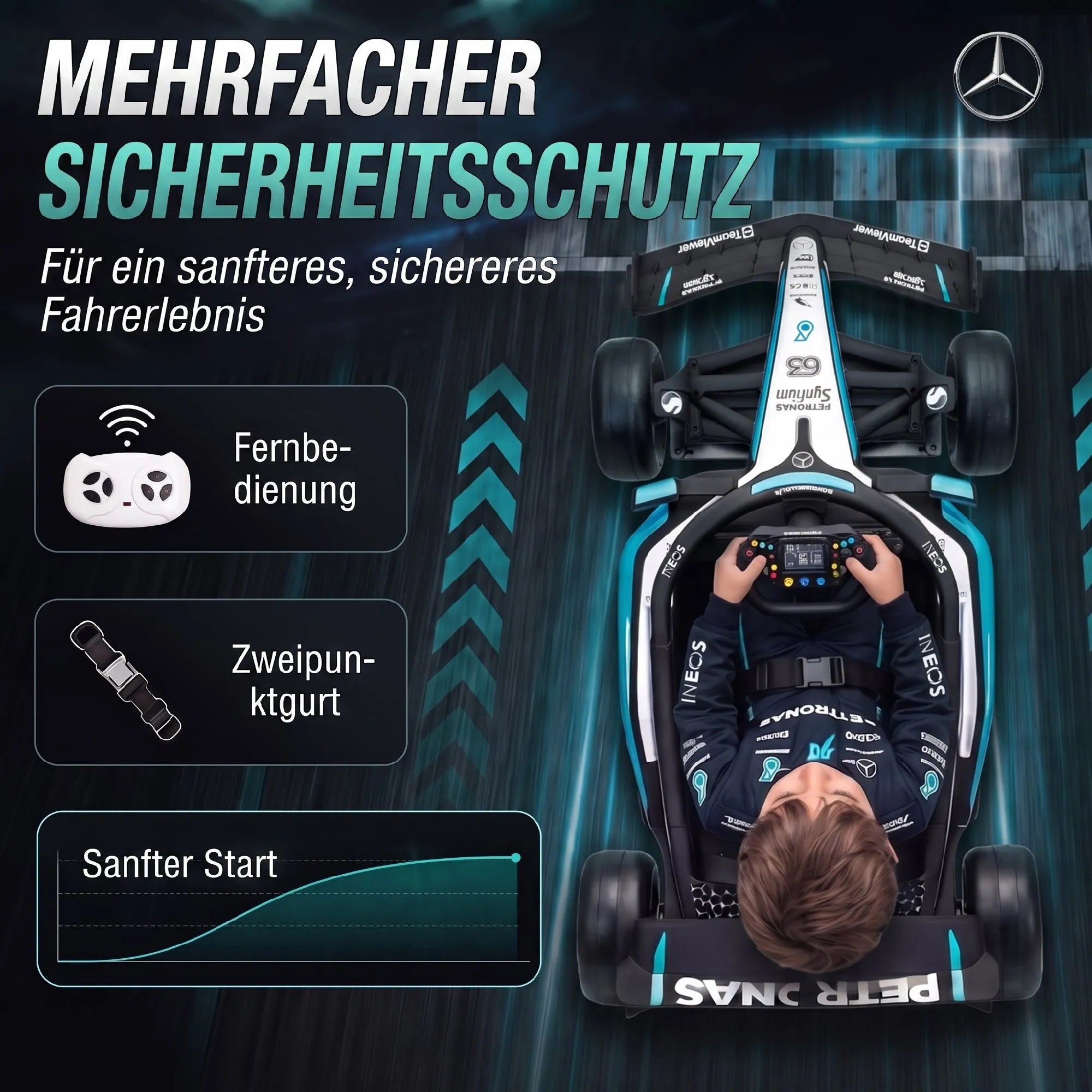 Vaikiškas elektromobilis Mercedes-AMG PETRONAS F1 Go-Kart, 12 V, su ličio baterija