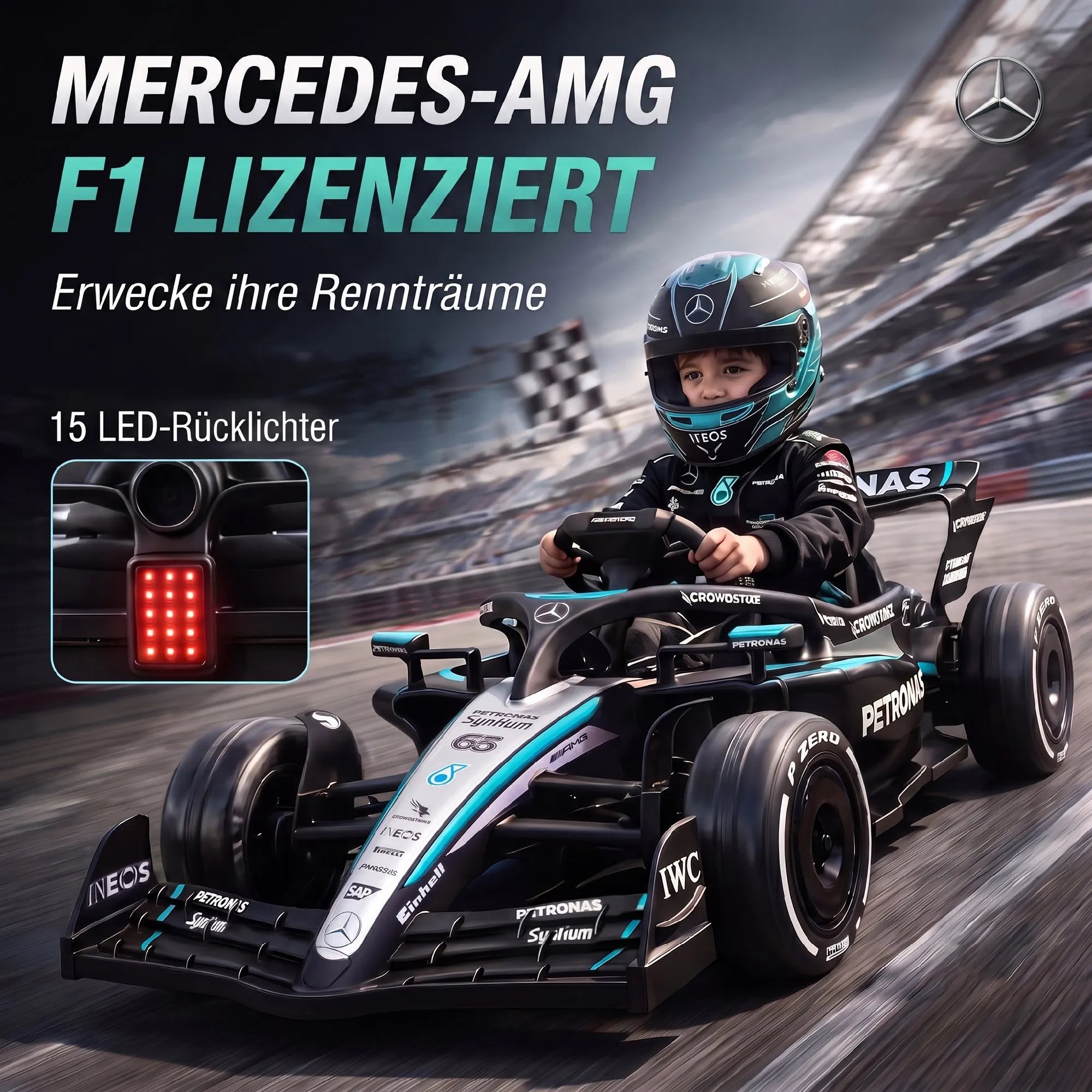Vaikiškas elektromobilis Mercedes-AMG PETRONAS F1 Go-Kart, 12 V, su ličio baterija