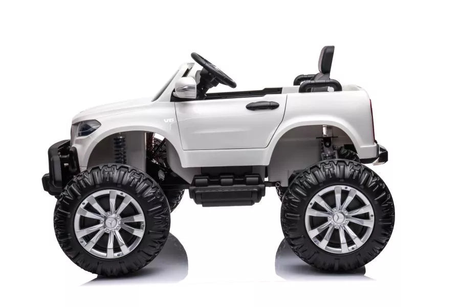 Vaikiškas elektromobilis Mercedes-Benz X-Class, 12V, 4x45W, su odine sėdyne ir EVA ratais, baltas