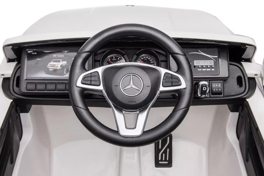 Vaikiškas elektromobilis Mercedes-Benz X-Class, 12V, 4x45W, su odine sėdyne ir EVA ratais, baltas