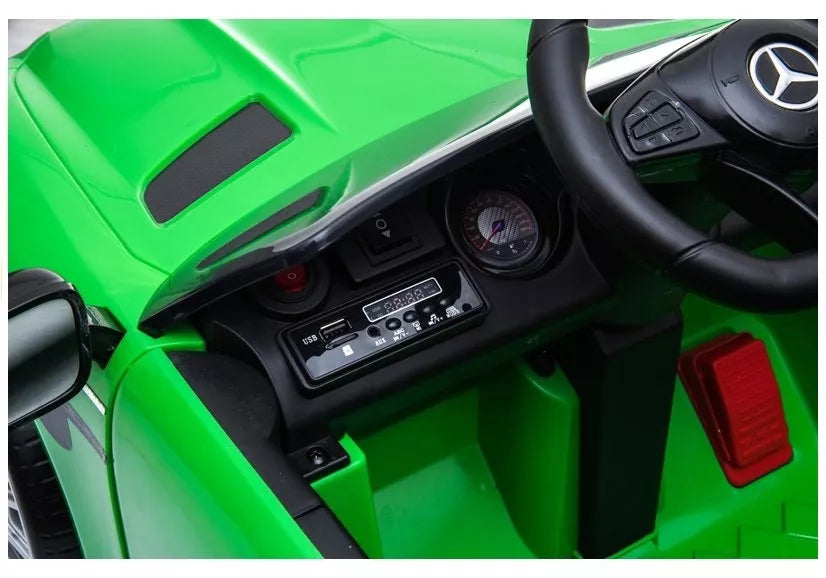 Vaikiškas elektromobilis Mercedes SLS AMG GT R, 12 V, su odine sėdyne ir EVA ratais, baltas
