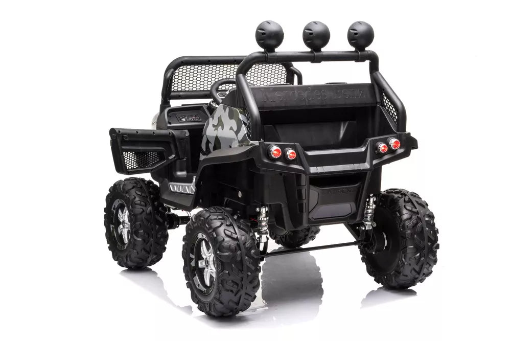 Vaikiškas elektromobilis Mercedes Unimog 4x4, 12 V, 4 varikliai, su minkšta sėdyne ir EVA ratais, kamufliažinis