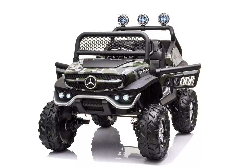 Vaikiškas elektromobilis Mercedes Unimog 4x4, 12 V, 4 varikliai, su minkšta sėdyne ir EVA ratais, kamufliažinis