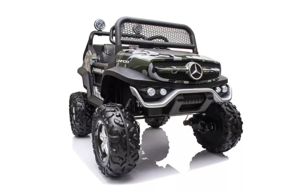 Vaikiškas elektromobilis Mercedes Unimog 4x4, 12 V, 4 varikliai, su minkšta sėdyne ir EVA ratais, kamufliažinis