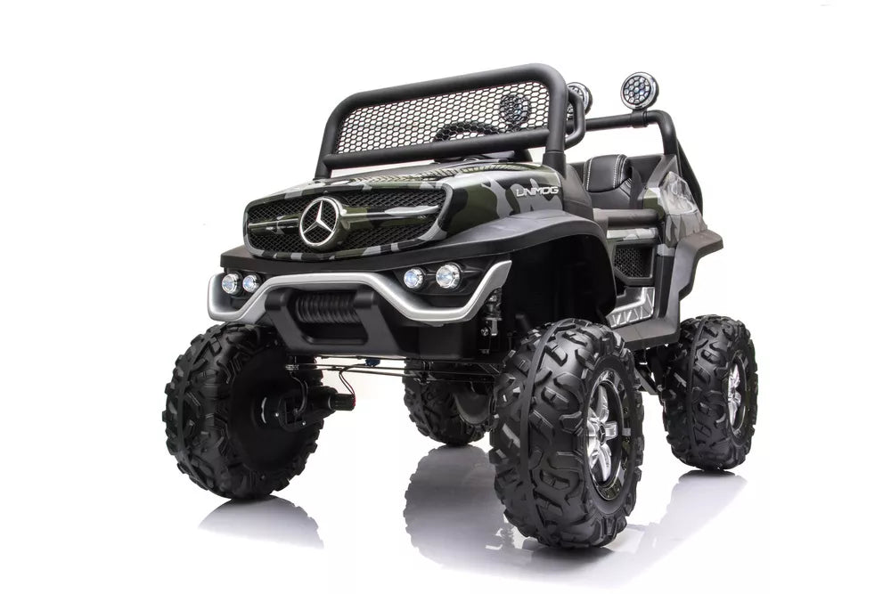 Vaikiškas elektromobilis Mercedes Unimog 4x4, 12 V, 4 varikliai, su minkšta sėdyne ir EVA ratais, kamufliažinis