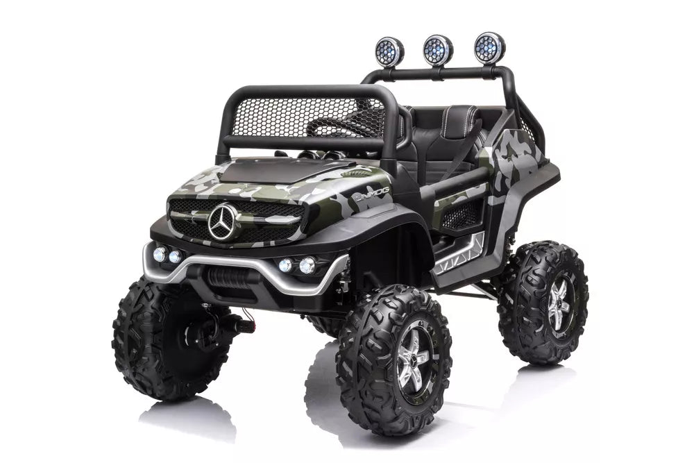Vaikiškas elektromobilis Mercedes Unimog 4x4, 12 V, 4 varikliai, su minkšta sėdyne ir EVA ratais, kamufliažinis