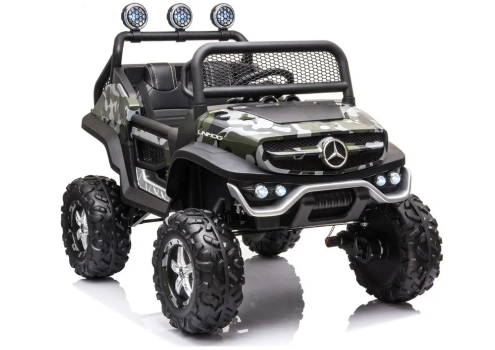 Vaikiškas elektromobilis Mercedes Unimog 4x4, 12 V, 4 varikliai, su minkšta sėdyne ir EVA ratais, kamufliažinis
