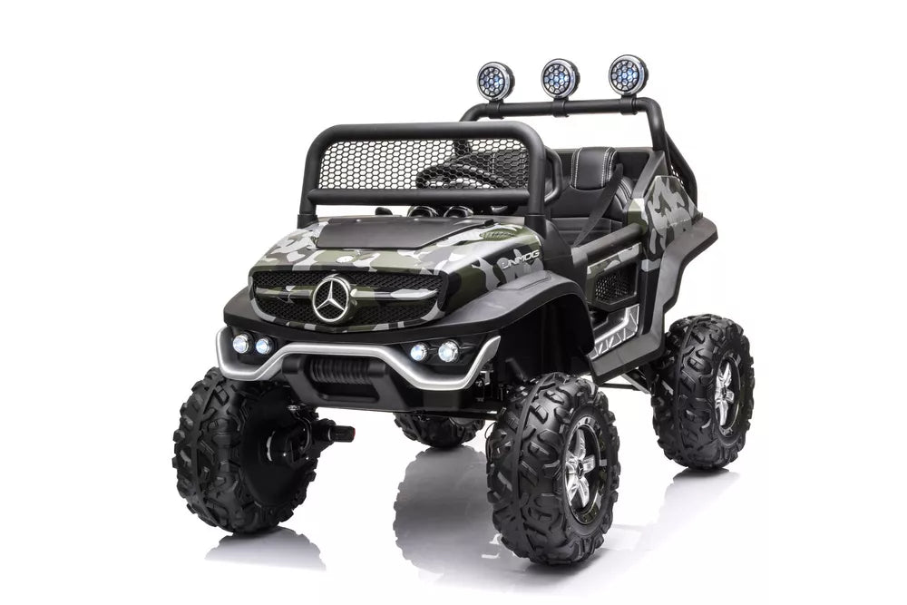Vaikiškas elektromobilis Mercedes Unimog 4x4, 12 V, 4 varikliai, su minkšta sėdyne ir EVA ratais, kamufliažinis