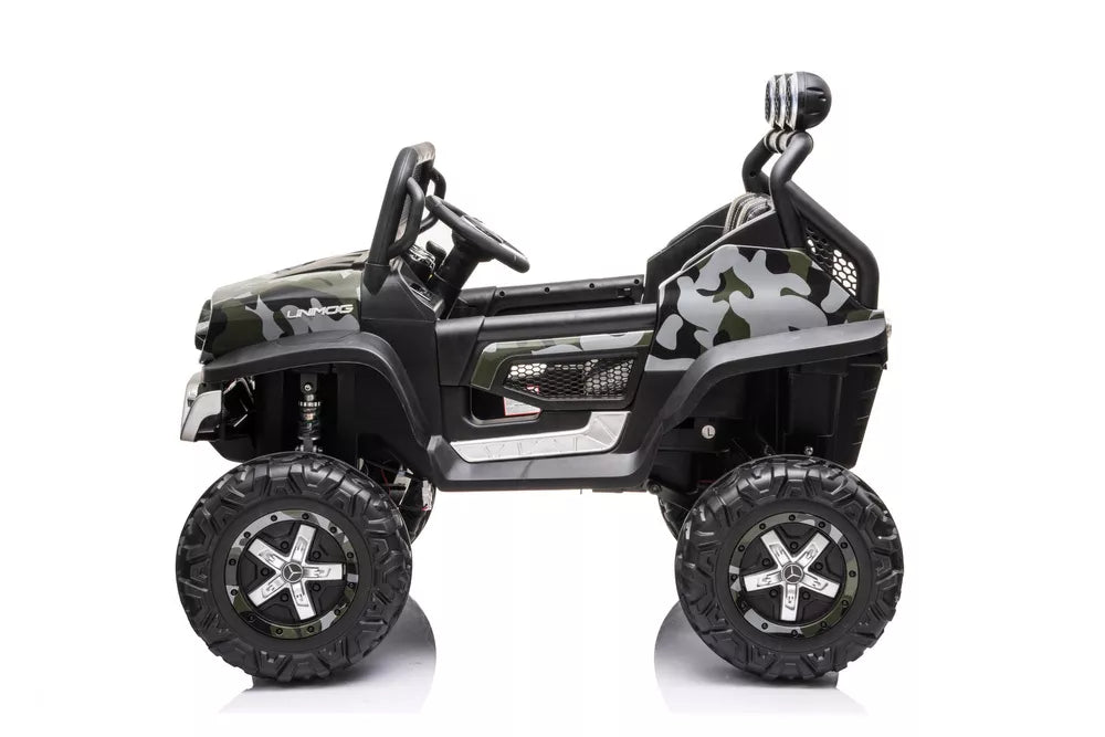 Vaikiškas elektromobilis Mercedes Unimog 4x4, 12 V, 4 varikliai, su minkšta sėdyne ir EVA ratais, kamufliažinis