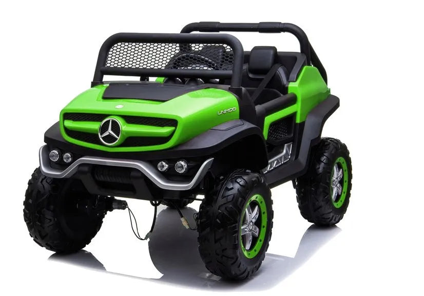 Vaikiškas elektromobilis Mercedes Unimog 4x4, 12 V, 45W, odinė sėdynė, EVA ratai, 30 kg apkrova, baltas