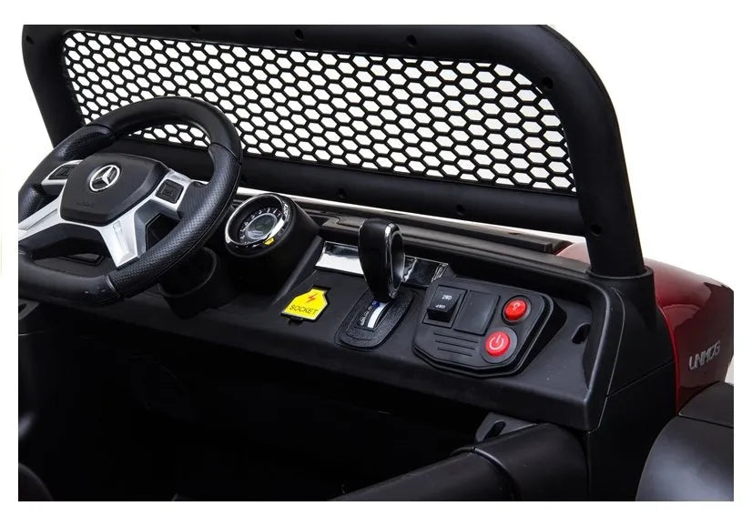 Vaikiškas elektromobilis Mercedes Unimog 4x4, 12 V, 45W, odinė sėdynė, EVA ratai, 30 kg apkrova, baltas