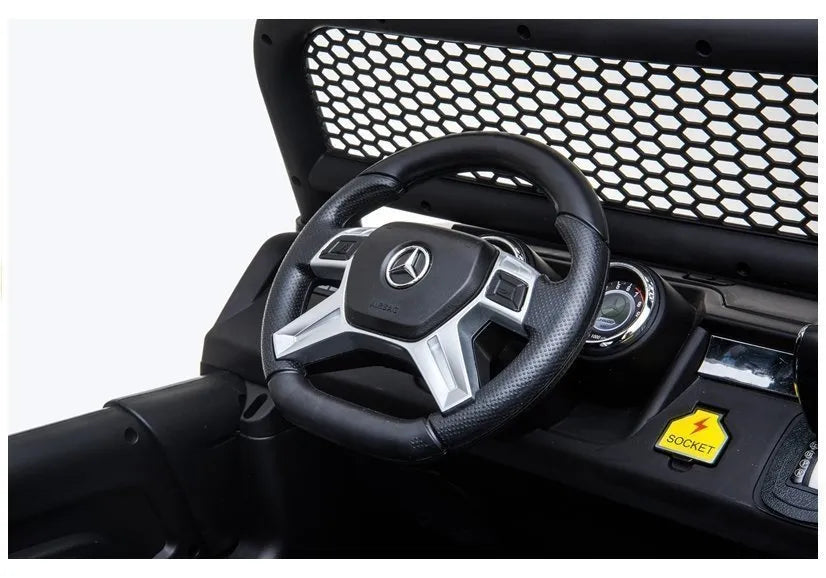 Vaikiškas elektromobilis Mercedes Unimog 4x4, 12 V, 45W, odinė sėdynė, EVA ratai, 30 kg apkrova, baltas