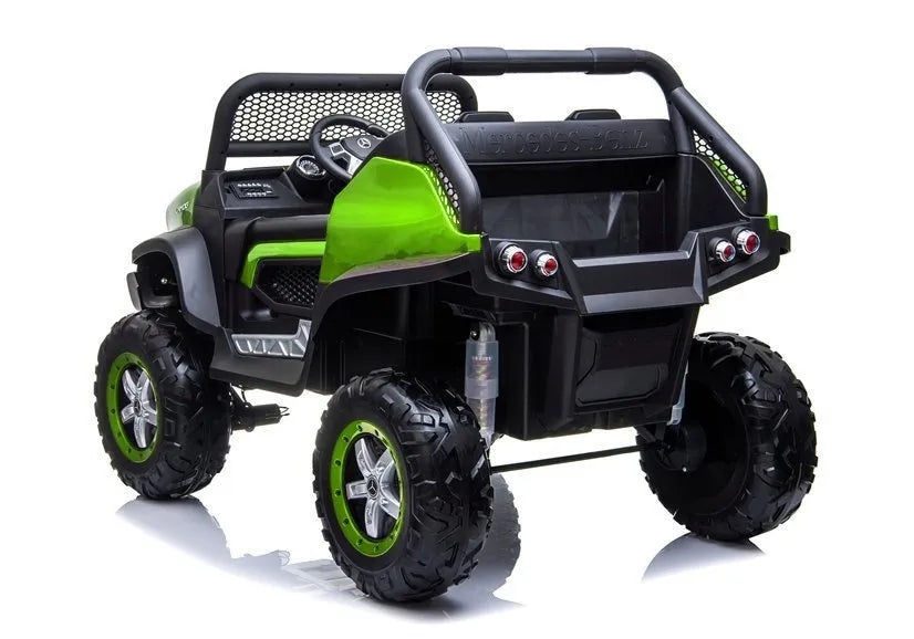 Vaikiškas elektromobilis Mercedes Unimog 4x4, 12 V, 45W, odinė sėdynė, EVA ratai, 30 kg apkrova, baltas