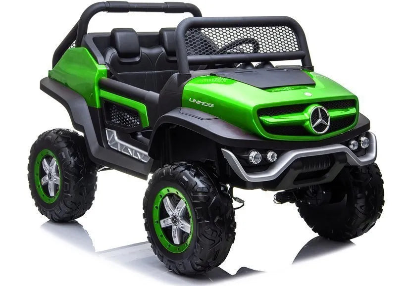 Vaikiškas elektromobilis Mercedes Unimog 4x4, 12 V, 45W, odinė sėdynė, EVA ratai, 30 kg apkrova, baltas
