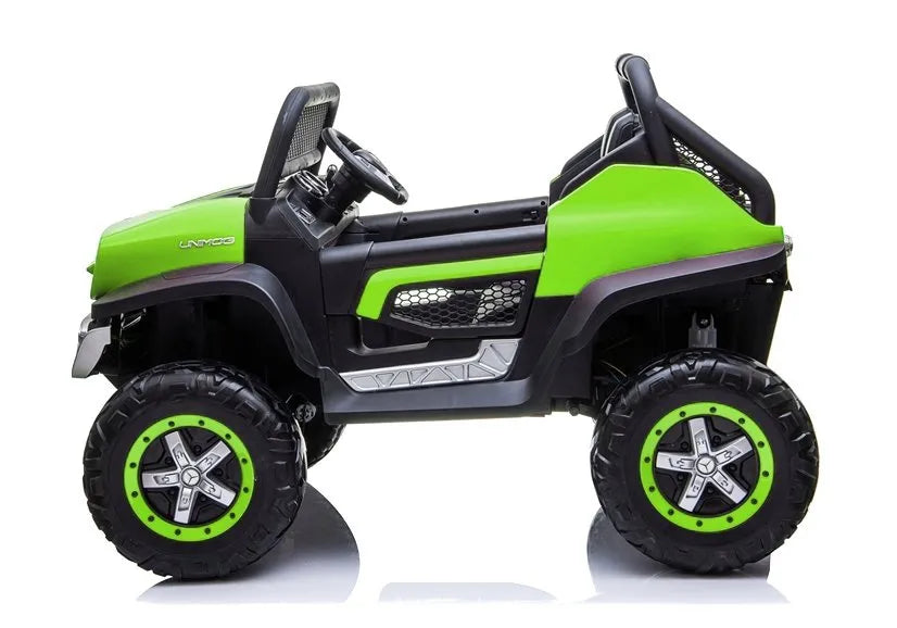 Vaikiškas elektromobilis Mercedes Unimog 4x4, 12 V, 45W, odinė sėdynė, EVA ratai, 30 kg apkrova, baltas