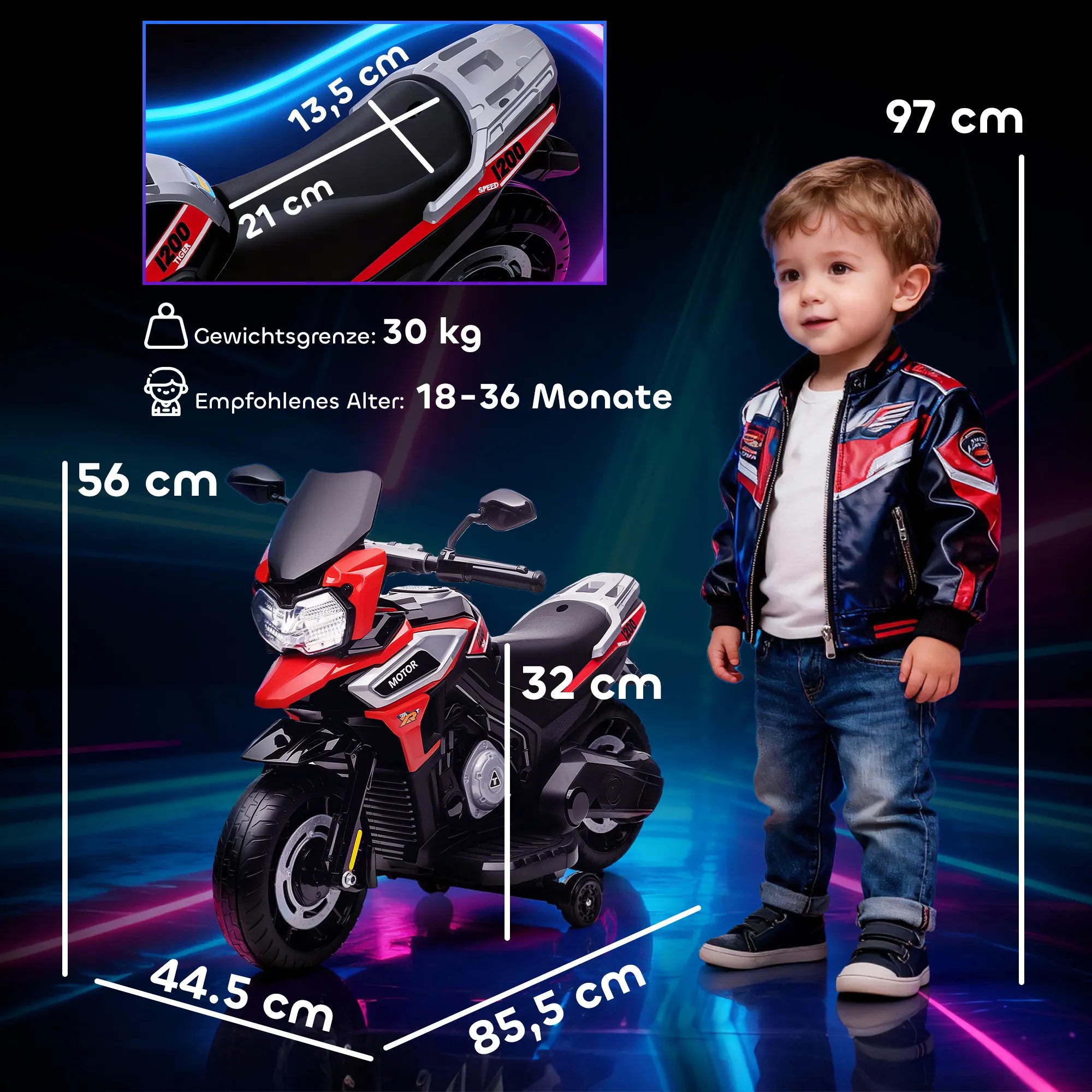 Vaikiškas elektromobilis motociklas 18–36 mėn. vaikams, raudonas