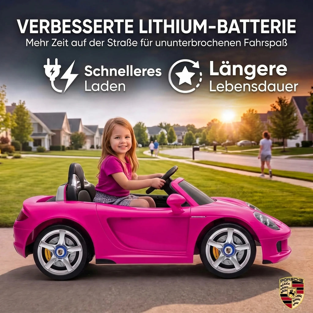 Mergaitė važiuoja rožiniu Porsche elektromobiliu gyvenamojo rajono gatvėje