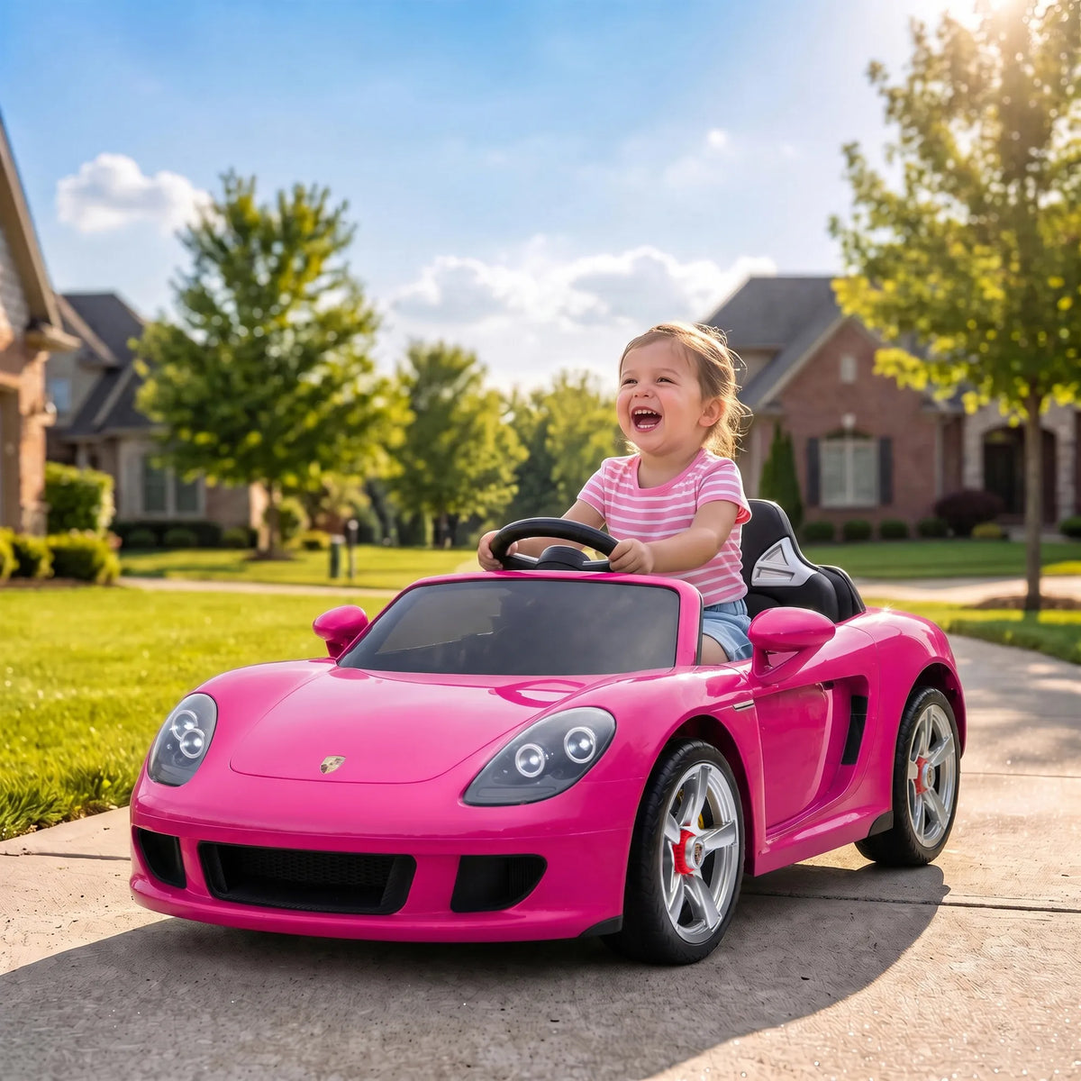 Mergaitė šypsodamasi vairuoja rožinį Porsche elektromobilį kiemo įvažoje
