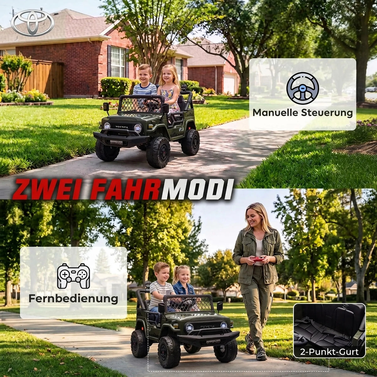 Dvi nuotraukos: vaikai vairuoja patys ir su nuotoliniu valdymu