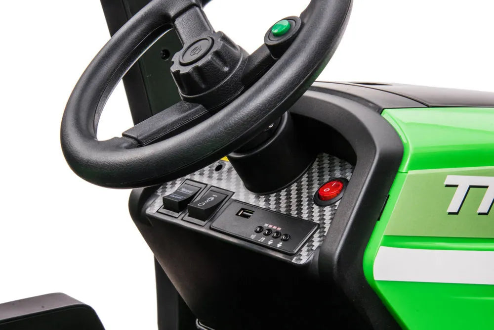 Vaikiškas elektromobilis traktorius, 24 V, 2 varikliai, 3 greičiai, su eko odos sėdyne, baltas