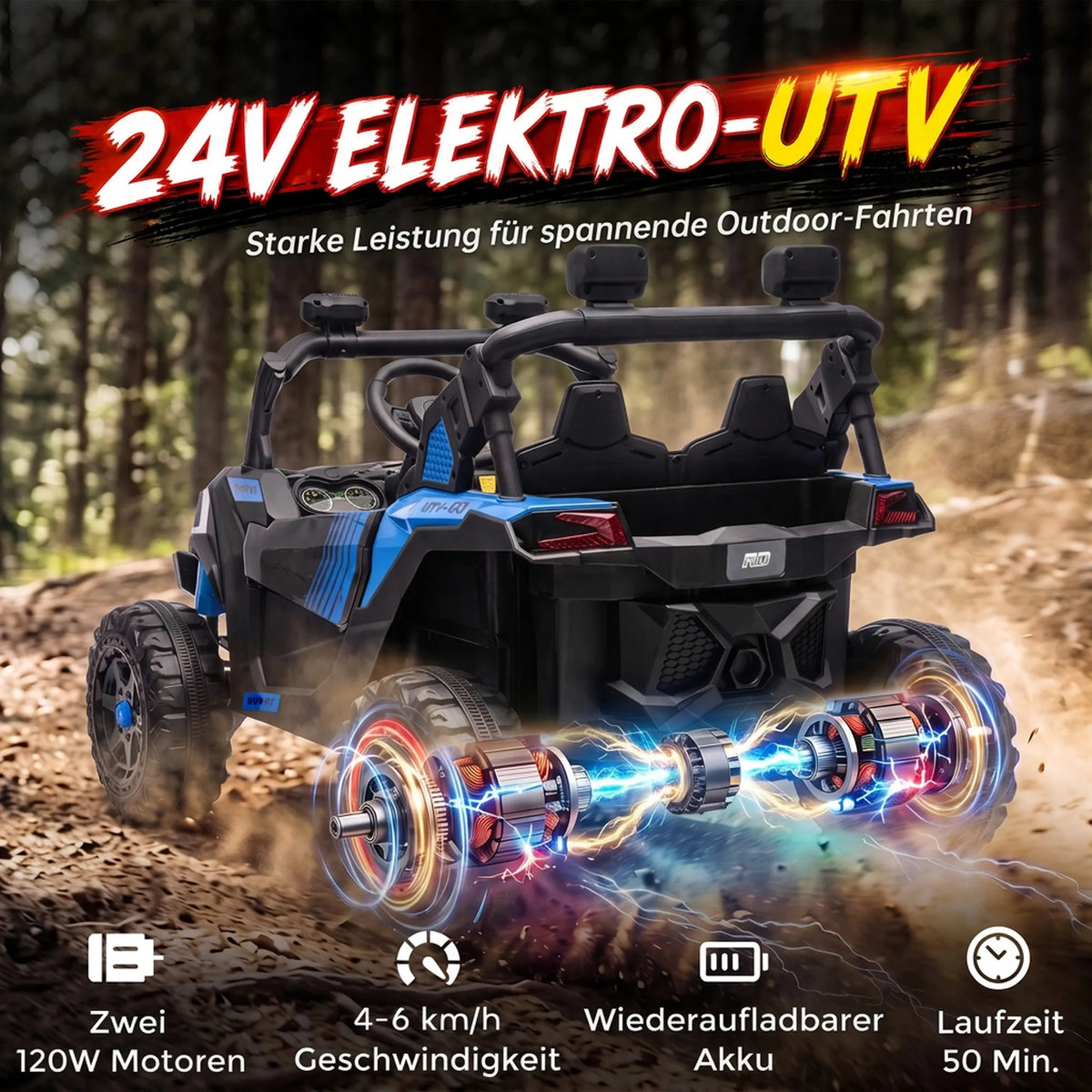 Vaikiškas elektromobilis UTV, 24 V, 2 × 120 W, 2 vietų