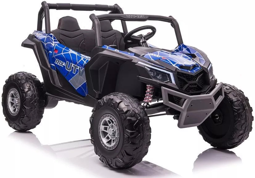 Vaikiškas elektromobilis UTV-MX, 24V, dvivietis, 4x60W, 3-8 km/h, juodas su mėlynais raštais