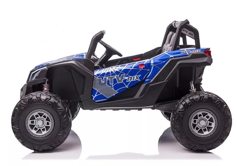 Vaikiškas elektromobilis UTV-MX, 24V, dvivietis, 4x60W, 3-8 km/h, juodas su mėlynais raštais