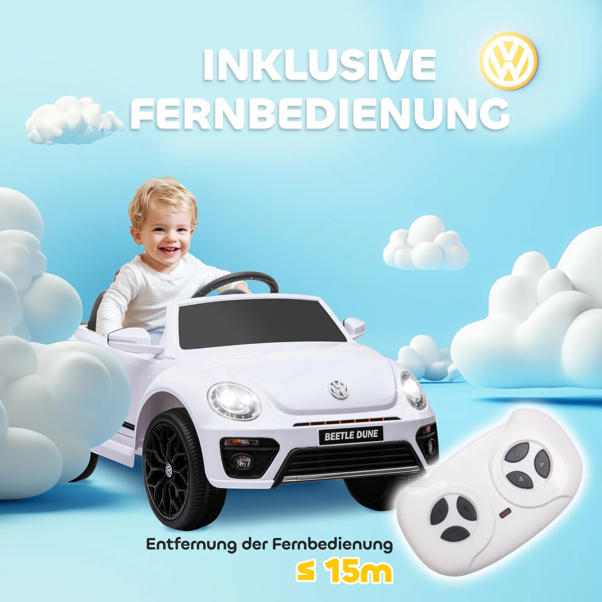Vaikiškas elektromobilis Volkswagen VW Beetle 3-5 metų vaikams, baltas