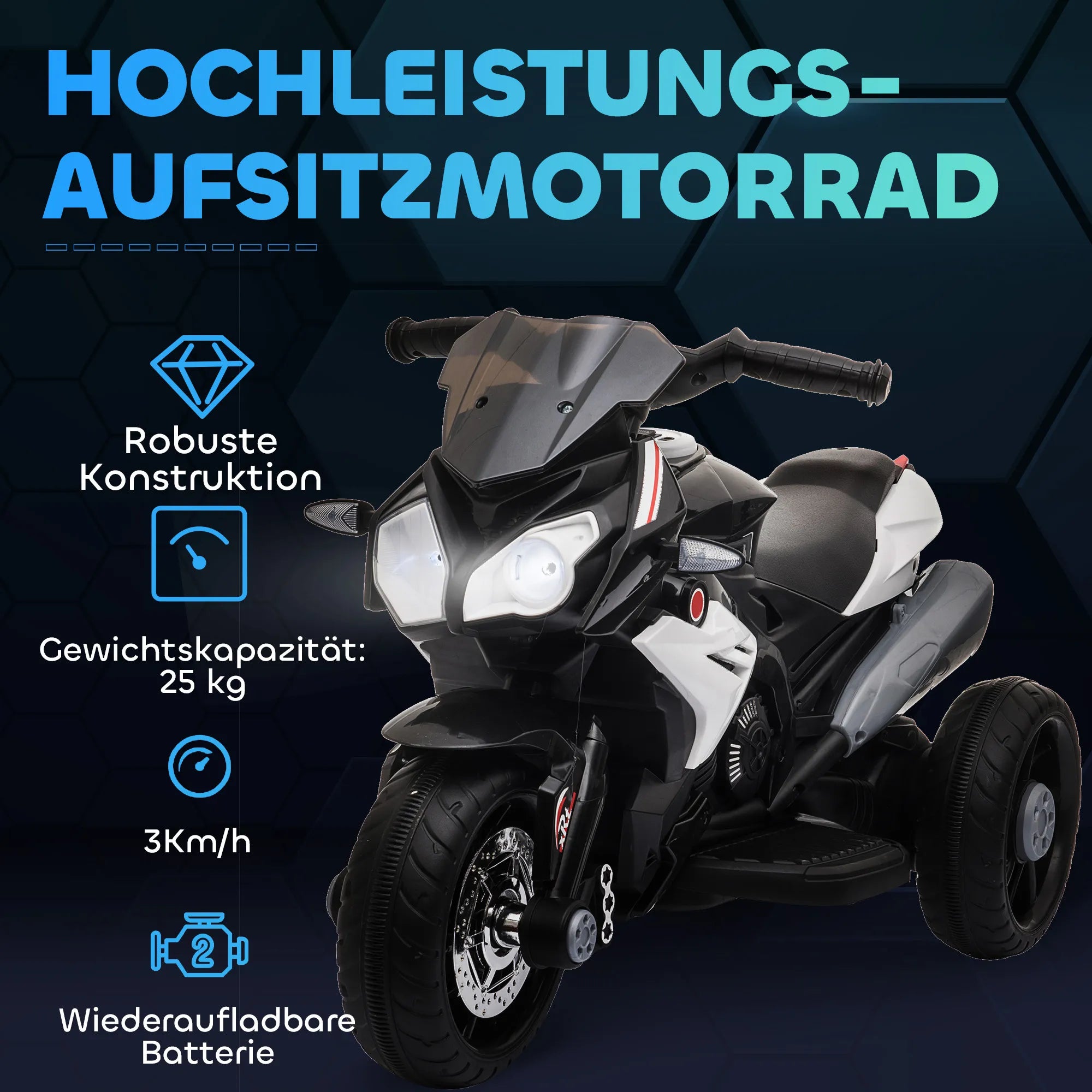 Vaikiškas elektros motociklas 3–5 metų vaikams, juodas